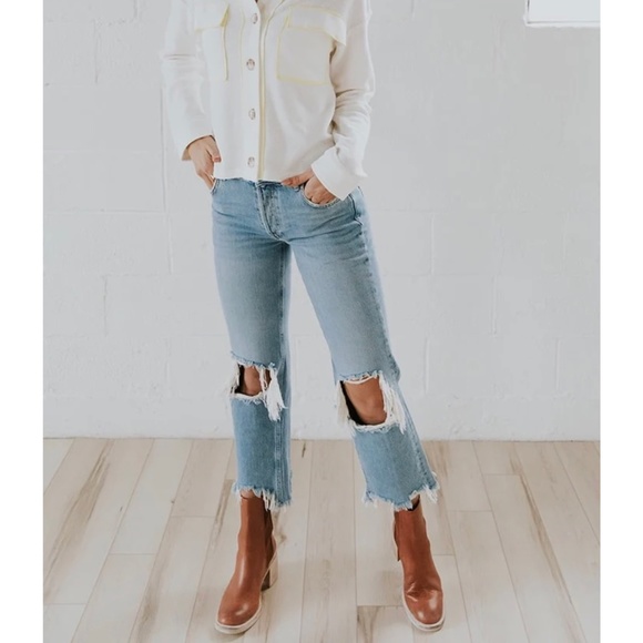 Free People Maggie Mid Rise Straight Leg Jeans Light Stone Wash - Picture 8 of 14